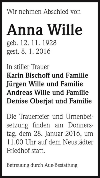 Traueranzeige von Anna Wille  von Magdeburger Volksstimme
