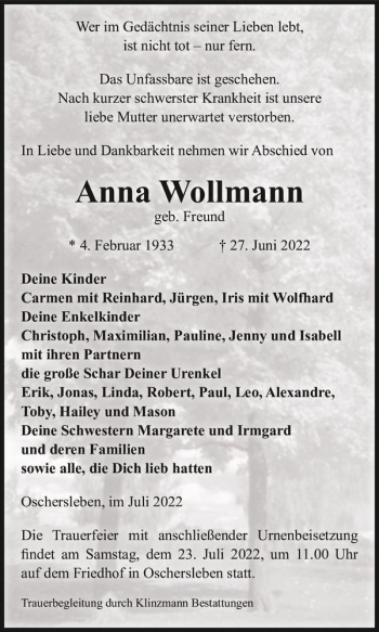 Traueranzeige von Anna Wollmann (geb. Freund)  von Magdeburger Volksstimme