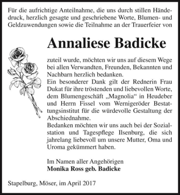 Traueranzeige von Annaliese Badicke  von Magdeburger Volksstimme