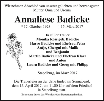 Traueranzeige von Annaliese Badicke  von Magdeburger Volksstimme