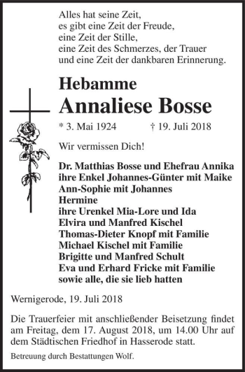 Traueranzeige von Annaliese Bosse  von Magdeburger Volksstimme