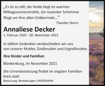 Traueranzeige von Annaliese Deckert  von Magdeburger Volksstimme