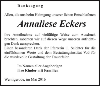 Traueranzeige von Annaliese Eckers  von Magdeburger Volksstimme