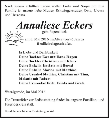 Traueranzeige von Annaliese Eckers (geb. Papendieck)  von Magdeburger Volksstimme
