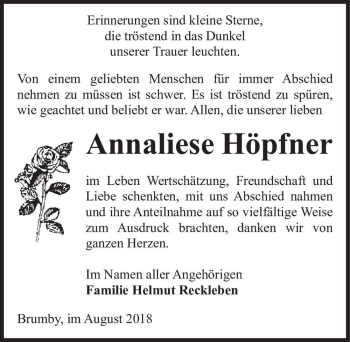 Traueranzeige von Annaliese Höpfner  von Magdeburger Volksstimme