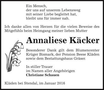 Traueranzeige von Annaliese Käcker  von Magdeburger Volksstimme