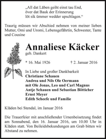 Traueranzeige von Annaliese Käcker (geb. Dankert)  von Magdeburger Volksstimme