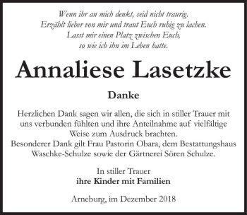 Traueranzeige von Annaliese Lasetzke  von Magdeburger Volksstimme