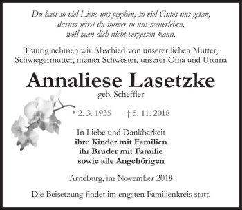 Traueranzeige von Annaliese Lasetzke (geb. Scheffler)  von Magdeburger Volksstimme