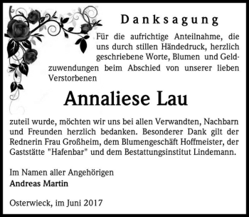 Traueranzeige von Annaliese Lau  von Magdeburger Volksstimme