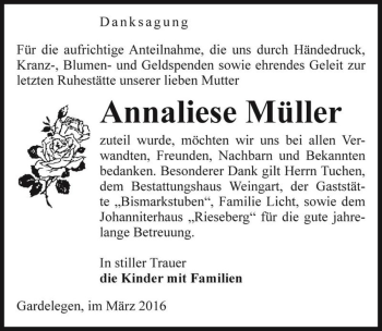 Traueranzeige von Annaliese Müller  von Magdeburger Volksstimme