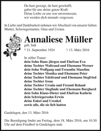 Traueranzeige von Annaliese Müller (geb. Saß)  von Magdeburger Volksstimme