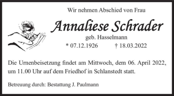 Traueranzeige von Annaliese Schrader (geb. Hasselmann)  von Magdeburger Volksstimme