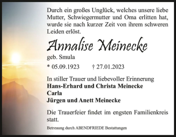 Traueranzeige von Annalise Meinecke (geb. Smula)  von Magdeburger Volksstimme