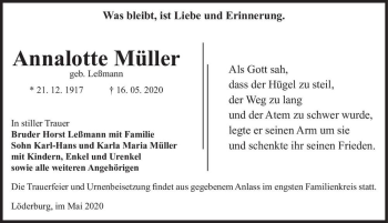 Traueranzeige von Annalotte Müller (geb. Leßmann)  von Magdeburger Volksstimme