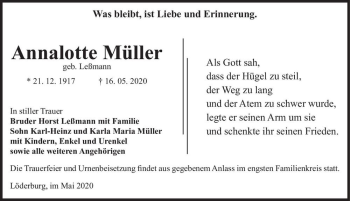 Traueranzeige von Annalotte Müller (geb. Leßmann)  von Magdeburger Volksstimme