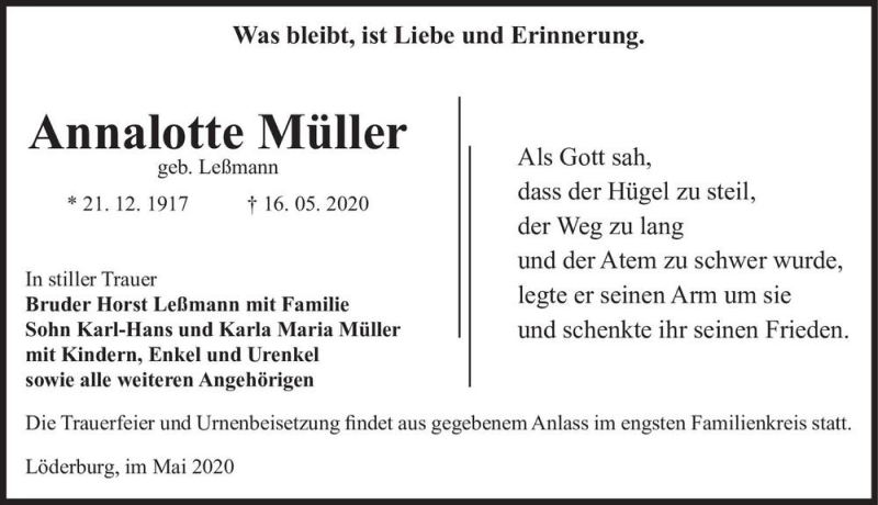  Traueranzeige für Annalotte Müller (geb. Leßmann)  vom 30.05.2020 aus Magdeburger Volksstimme