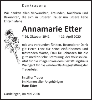 Traueranzeige von Annamarie Etter  von Magdeburger Volksstimme