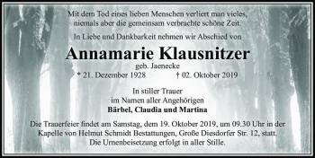 Traueranzeige von Annamarie Klausnitzer (geb. Jaenecke)  von Magdeburger Volksstimme