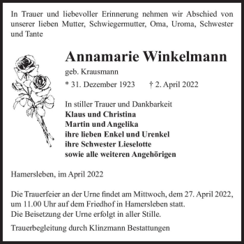 Traueranzeige von Annamarie Winkelmann (geb. Krausmann)  von Magdeburger Volksstimme