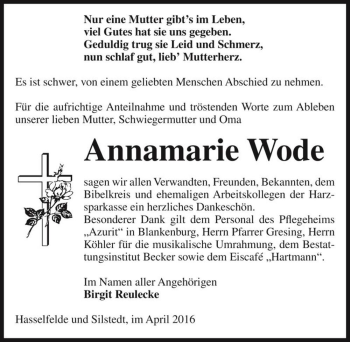 Traueranzeige von Annamarie Wode  von Magdeburger Volksstimme