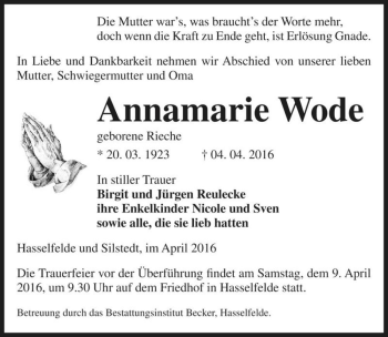 Traueranzeige von Annamarie Wode (geb. Rieche)  von Magdeburger Volksstimme