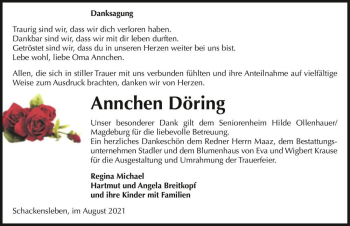 Traueranzeige von Annchen Döring  von Magdeburger Volksstimme