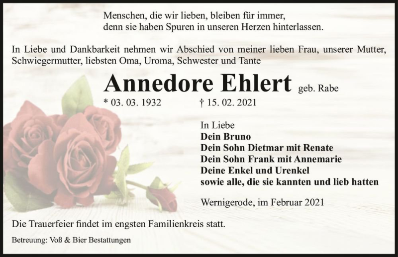  Traueranzeige für Anndore Ehlert (geb. Rabe)  vom 20.02.2021 aus Magdeburger Volksstimme