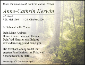 Traueranzeige von Anne-Cathrin Kerwin (geb. Nagel)  von Magdeburger Volksstimme