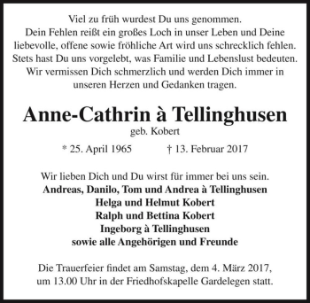 Traueranzeige von Anne-Cathrin à Tellinghusen (geb. Kobert)  von Magdeburger Volksstimme
