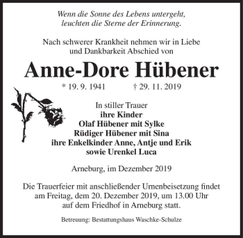 Traueranzeige von Anne-Dore Hübener  von Magdeburger Volksstimme
