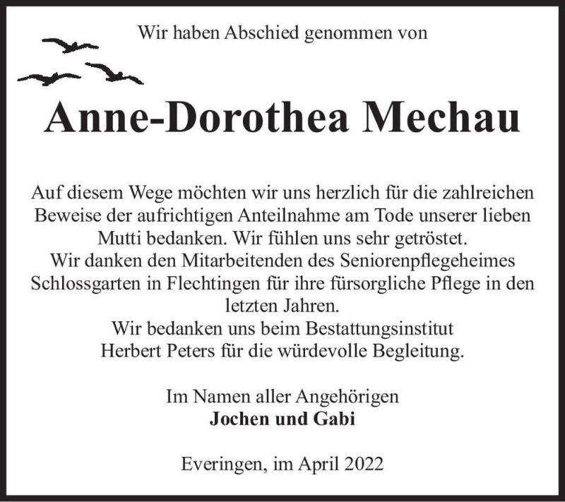  Traueranzeige für Anne-Dorothea Mechau  vom 13.04.2022 aus Magdeburger Volksstimme