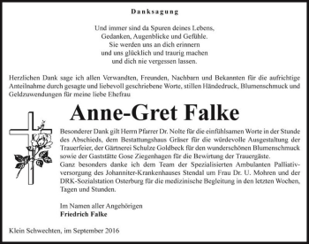 Traueranzeige von Anne-Gret Falke  von Magdeburger Volksstimme