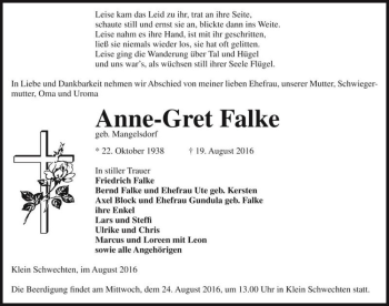 Traueranzeige von Anne-Gret Falke (geb. Mangelsdorf)  von Magdeburger Volksstimme