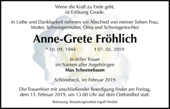 Traueranzeige von Anne-Grete Fröhlich  von Magdeburger Volksstimme
