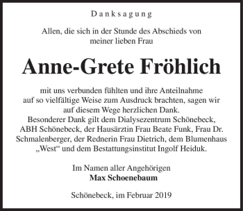 Traueranzeige von Anne-Grete Fröhlich  von Magdeburger Volksstimme