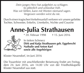 Traueranzeige von Anne-Julia Strathausen  von Magdeburger Volksstimme