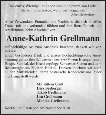 Traueranzeige von Anne-Kathrin Grellmann  von Magdeburger Volksstimme