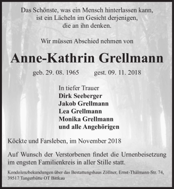 Traueranzeige von Anne-Kathrin Grellmann  von Magdeburger Volksstimme