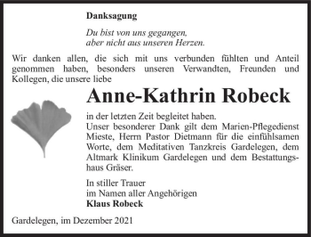 Traueranzeige von Anne-Kathrin Robeck  von Magdeburger Volksstimme