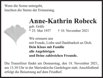 Traueranzeige von Anne-Kathrin Robeck (geb. Gräfe)  von Magdeburger Volksstimme