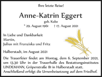 Traueranzeige von Anne-Katrin Eggert (geb. Kube)  von Magdeburger Volksstimme
