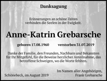 Traueranzeige von Anne-Katrin Grebarsche  von Magdeburger Volksstimme