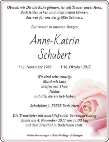 Traueranzeige von Anne-Katrin Schubert  von Magdeburger Volksstimme