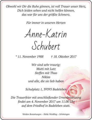 Traueranzeige von Anne-Katrin Schubert  von Magdeburger Volksstimme