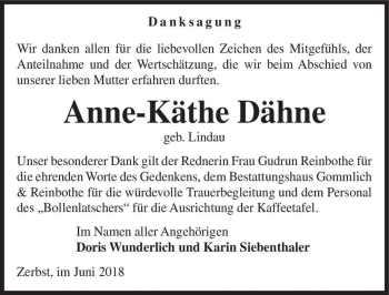 Traueranzeige von Anne-Käthe Dähne (geb. Lindau)  von Magdeburger Volksstimme