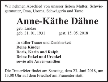 Traueranzeige von Anne-Käthe Dähne (geb. Lindau)  von Magdeburger Volksstimme