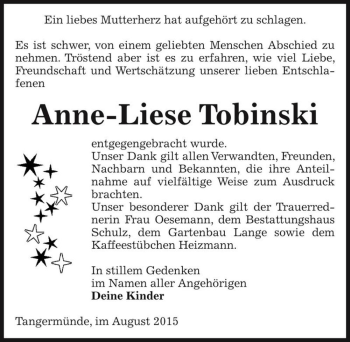 Traueranzeige von Anne-Liese Tobinski  von Magdeburger Volksstimme