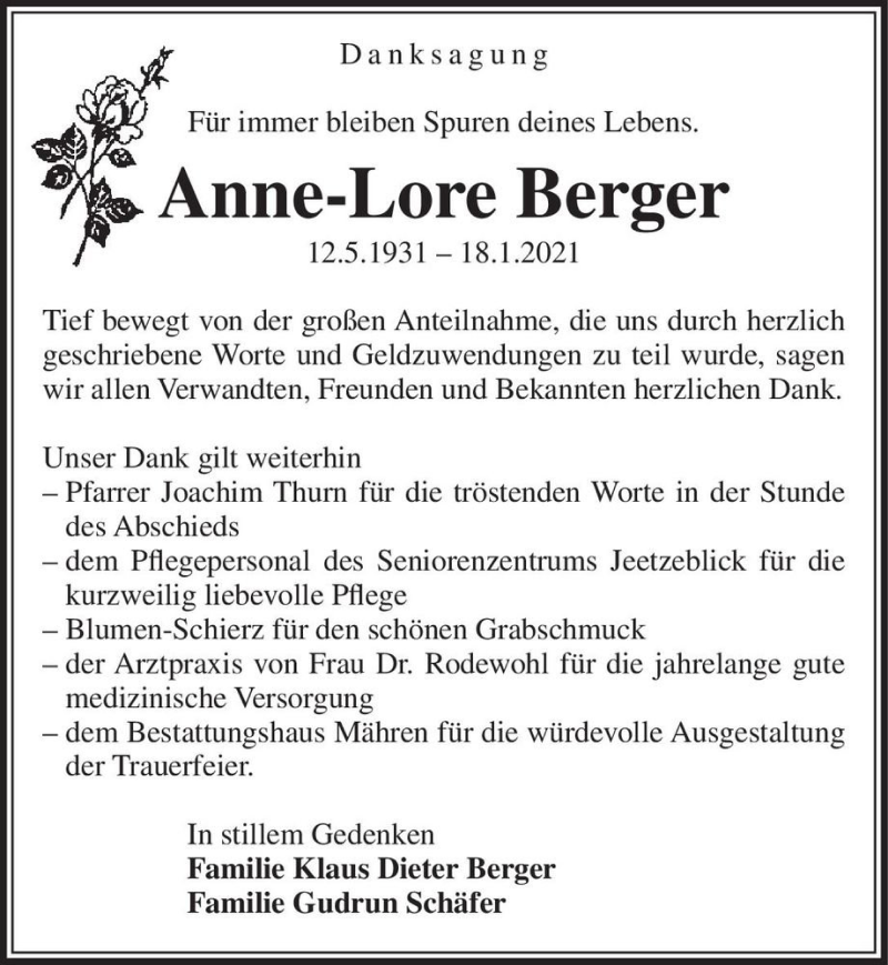  Traueranzeige für Anne-Lore Berger  vom 12.02.2021 aus Magdeburger Volksstimme