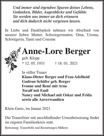 Traueranzeige von Anne-Lore Berger (geb. Klopp)  von Magdeburger Volksstimme